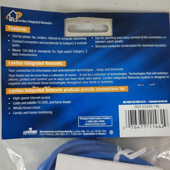 2/$15 NEW Leviton CAT 5 7-Foot Patch Cord Blue 52455-7BL Network Cable Ethernet - Picture 5 of 7